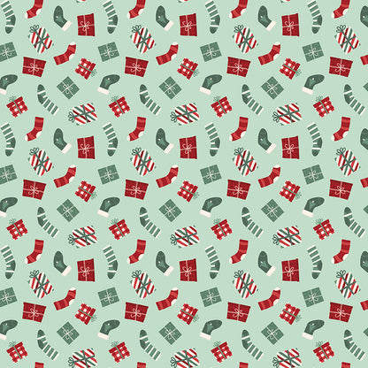 Fabric pattern Stockings & Gifts: Playful illustrated stockings overflowing with wrapped presents, holly, and candy canes. Background Colors: Mint, Cream, and Black from The Evergreen Wishes fabric collection by Traci Reed for Riley Blake Designs blends classic holiday traditions with a fresh, modern palette of rich reds, deep greens, mint, cream, and black. It features beautiful winter florals, cozy plaids, and playful seasonal motifs.
