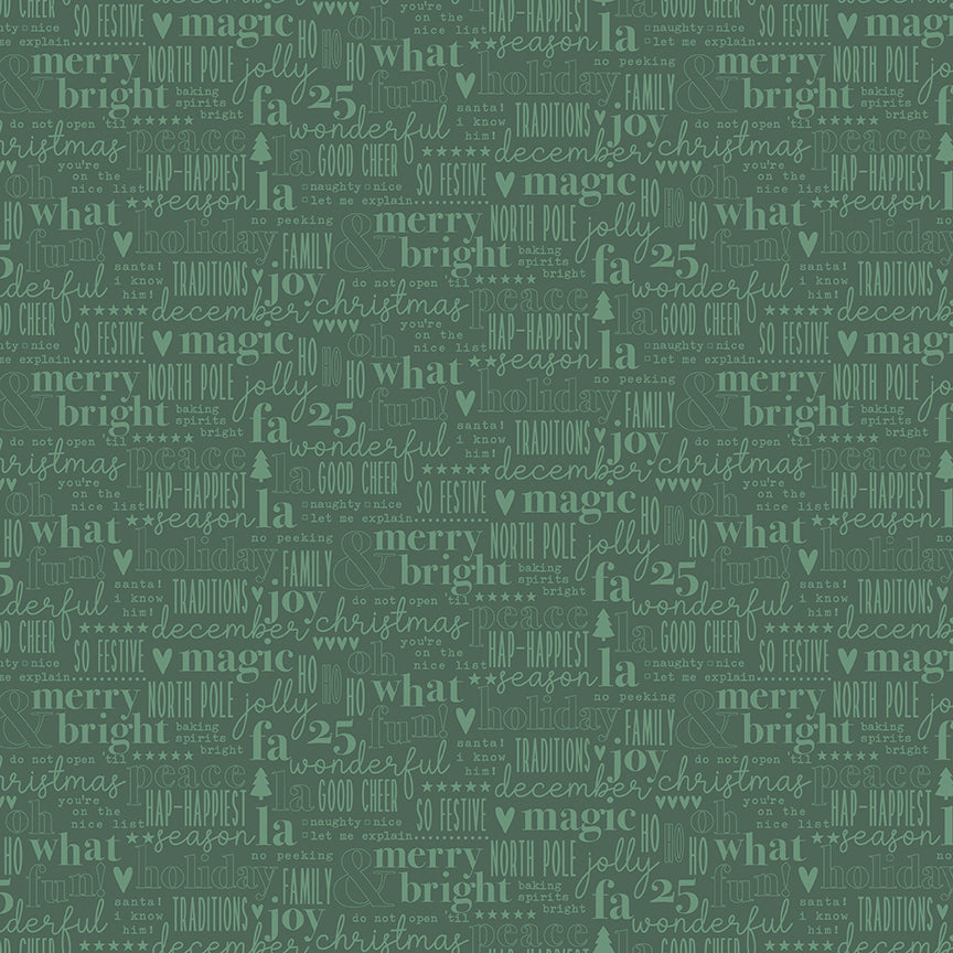 Fabric pattern Text Word Art: Fun, festive seasonal typography celebrating the holidays and time spent at home. Background Colors: Red, Green, and Cream from The Evergreen Wishes fabric collection by Traci Reed for Riley Blake Designs blends classic holiday traditions with a fresh, modern palette of rich reds, deep greens, mint, cream, and black. It features beautiful winter florals, cozy plaids, and playful seasonal motifs.