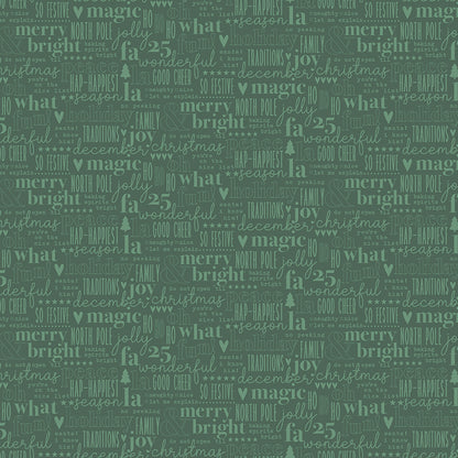 Fabric pattern Text Word Art: Fun, festive seasonal typography celebrating the holidays and time spent at home. Background Colors: Red, Green, and Cream from The Evergreen Wishes fabric collection by Traci Reed for Riley Blake Designs blends classic holiday traditions with a fresh, modern palette of rich reds, deep greens, mint, cream, and black. It features beautiful winter florals, cozy plaids, and playful seasonal motifs.
