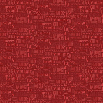 Fabric pattern Text Word Art: Fun, festive seasonal typography celebrating the holidays and time spent at home. Background Colors: Red, Green, and Cream from The Evergreen Wishes fabric collection by Traci Reed for Riley Blake Designs blends classic holiday traditions with a fresh, modern palette of rich reds, deep greens, mint, cream, and black. It features beautiful winter florals, cozy plaids, and playful seasonal motifs.