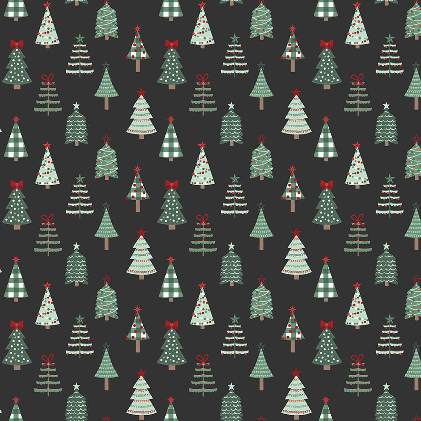 Fabric pattern Tossed Christmas Trees: An all-over, tossed pattern of stylized, whimsical evergreen trees. Background Colors: Mint, Cream, and Black from The Evergreen Wishes fabric collection by Traci Reed for Riley Blake Designs blends classic holiday traditions with a fresh, modern palette of rich reds, deep greens, mint, cream, and black. It features beautiful winter florals, cozy plaids, and playful seasonal motifs.