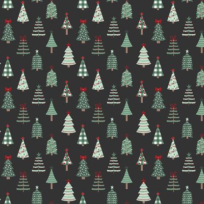 Fabric pattern Tossed Christmas Trees: An all-over, tossed pattern of stylized, whimsical evergreen trees. Background Colors: Mint, Cream, and Black from The Evergreen Wishes fabric collection by Traci Reed for Riley Blake Designs blends classic holiday traditions with a fresh, modern palette of rich reds, deep greens, mint, cream, and black. It features beautiful winter florals, cozy plaids, and playful seasonal motifs.