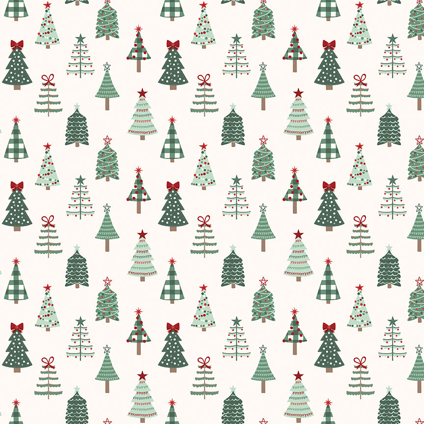 Fabric pattern Tossed Christmas Trees: An all-over, tossed pattern of stylized, whimsical evergreen trees. Background Colors: Mint, Cream, and Black from The Evergreen Wishes fabric collection by Traci Reed for Riley Blake Designs blends classic holiday traditions with a fresh, modern palette of rich reds, deep greens, mint, cream, and black. It features beautiful winter florals, cozy plaids, and playful seasonal motifs.