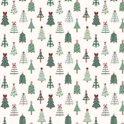 Fabric pattern Tossed Christmas Trees: An all-over, tossed pattern of stylized, whimsical evergreen trees. Background Colors: Mint, Cream, and Black from The Evergreen Wishes fabric collection by Traci Reed for Riley Blake Designs blends classic holiday traditions with a fresh, modern palette of rich reds, deep greens, mint, cream, and black. It features beautiful winter florals, cozy plaids, and playful seasonal motifs.