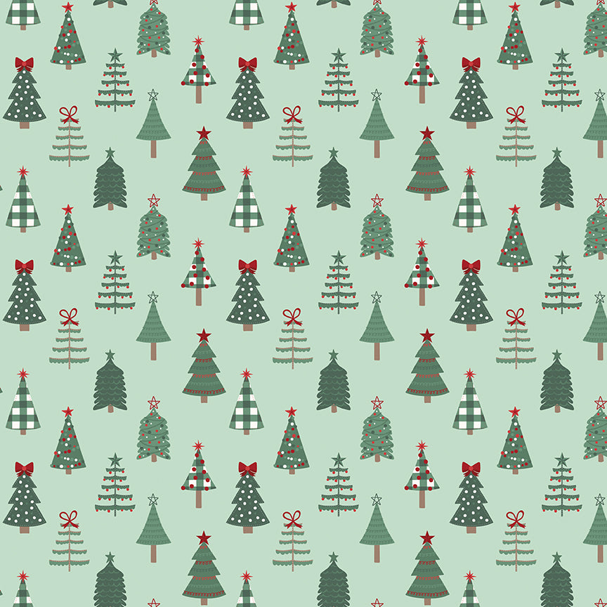 Fabric pattern Tossed Christmas Trees: An all-over, tossed pattern of stylized, whimsical evergreen trees. Background Colors: Mint, Cream, and Black from The Evergreen Wishes fabric collection by Traci Reed for Riley Blake Designs blends classic holiday traditions with a fresh, modern palette of rich reds, deep greens, mint, cream, and black. It features beautiful winter florals, cozy plaids, and playful seasonal motifs.