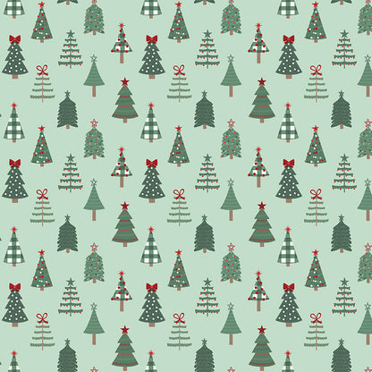 Fabric pattern Tossed Christmas Trees: An all-over, tossed pattern of stylized, whimsical evergreen trees. Background Colors: Mint, Cream, and Black from The Evergreen Wishes fabric collection by Traci Reed for Riley Blake Designs blends classic holiday traditions with a fresh, modern palette of rich reds, deep greens, mint, cream, and black. It features beautiful winter florals, cozy plaids, and playful seasonal motifs.