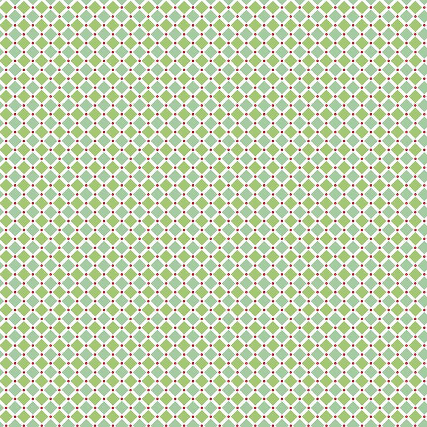 Pattern Wrapping Paper: A geometric, interlocking gift box and ribbon pattern with backgrounds: Blue, Green, and Yellow from the Cozy Christmas collection by Lori Holt for Riley Blake Designs is a vintage-inspired holiday line. It features festive motifs like snowmen, reindeer, recipes, and seasonal florals, typically produced in bright traditional colorways.