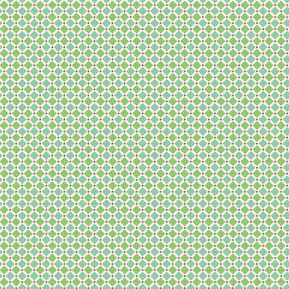 Pattern Wrapping Paper: A geometric, interlocking gift box and ribbon pattern with backgrounds: Blue, Green, and Yellow from the Cozy Christmas collection by Lori Holt for Riley Blake Designs is a vintage-inspired holiday line. It features festive motifs like snowmen, reindeer, recipes, and seasonal florals, typically produced in bright traditional colorways.