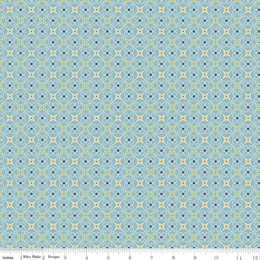 Pattern Wrapping Paper: A geometric, interlocking gift box and ribbon pattern with backgrounds: Blue, Green, and Yellow from the Cozy Christmas collection by Lori Holt for Riley Blake Designs is a vintage-inspired holiday line. It features festive motifs like snowmen, reindeer, recipes, and seasonal florals, typically produced in bright traditional colorways.