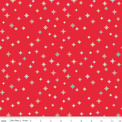 Pattern Sparkle is a dense, scattered background pattern of small twinkling stars and sparkles with backgrounds: Mint, Red, and White from the Cozy Christmas collection by Lori Holt for Riley Blake Designs is a vintage-inspired holiday line. It features festive motifs like snowmen, reindeer, recipes, and seasonal florals, typically produced in bright traditional colorways.
