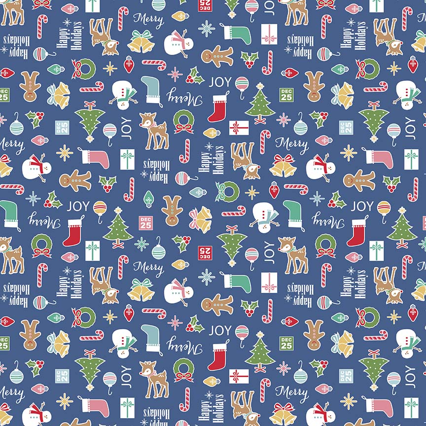 Pattern Main Print Icons: Features a repeating pattern of holiday icons, including Christmas trees, stockings, and wreaths with backgrounds: Navy, Green, and Teal from the Cozy Christmas collection by Lori Holt for Riley Blake Designs is a vintage-inspired holiday line. It features festive motifs like snowmen, reindeer, recipes, and seasonal florals, typically produced in bright traditional colorways.
