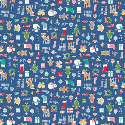 Pattern Main Print Icons: Features a repeating pattern of holiday icons, including Christmas trees, stockings, and wreaths with backgrounds: Navy, Green, and Teal from the Cozy Christmas collection by Lori Holt for Riley Blake Designs is a vintage-inspired holiday line. It features festive motifs like snowmen, reindeer, recipes, and seasonal florals, typically produced in bright traditional colorways.