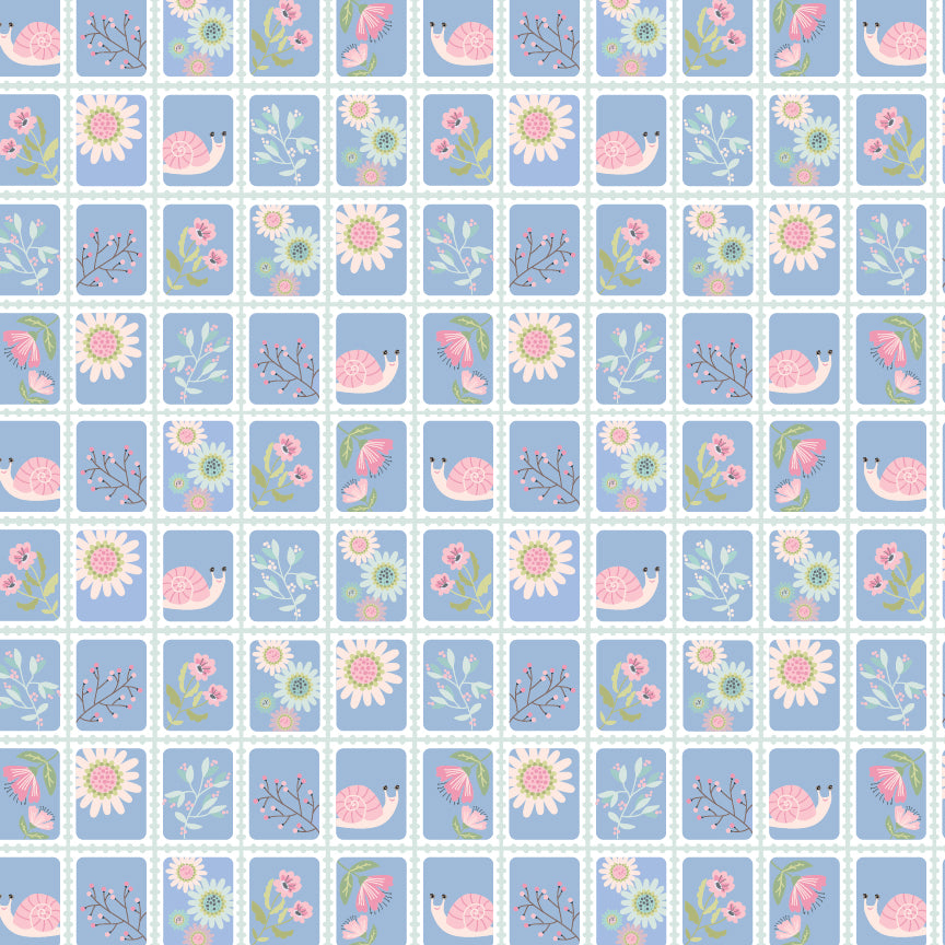 Pattern Snail Mail Blue: Features a playful, whimsical snail crawling amidst small floral motifs, evoking a sense of slow  charm from collection Le Petit Escargot by Lori Woods for Poppie Cotton which is a storybook-themed collection featuring a charming, romantic aesthetic with soft florals, whimsical snails, and delicate geometric prints in shades of pink, teal, blue, lilac, green, and grey. The collection consists of 7 main designs across 3 colorways, including a "cheater panel".