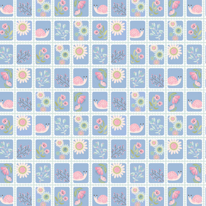 Pattern Snail Mail Blue: Features a playful, whimsical snail crawling amidst small floral motifs, evoking a sense of slow  charm from collection Le Petit Escargot by Lori Woods for Poppie Cotton which is a storybook-themed collection featuring a charming, romantic aesthetic with soft florals, whimsical snails, and delicate geometric prints in shades of pink, teal, blue, lilac, green, and grey. The collection consists of 7 main designs across 3 colorways, including a "cheater panel".