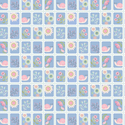 Pattern Snail Mail Blue: Features a playful, whimsical snail crawling amidst small floral motifs, evoking a sense of slow  charm from collection Le Petit Escargot by Lori Woods for Poppie Cotton which is a storybook-themed collection featuring a charming, romantic aesthetic with soft florals, whimsical snails, and delicate geometric prints in shades of pink, teal, blue, lilac, green, and grey. The collection consists of 7 main designs across 3 colorways, including a "cheater panel".