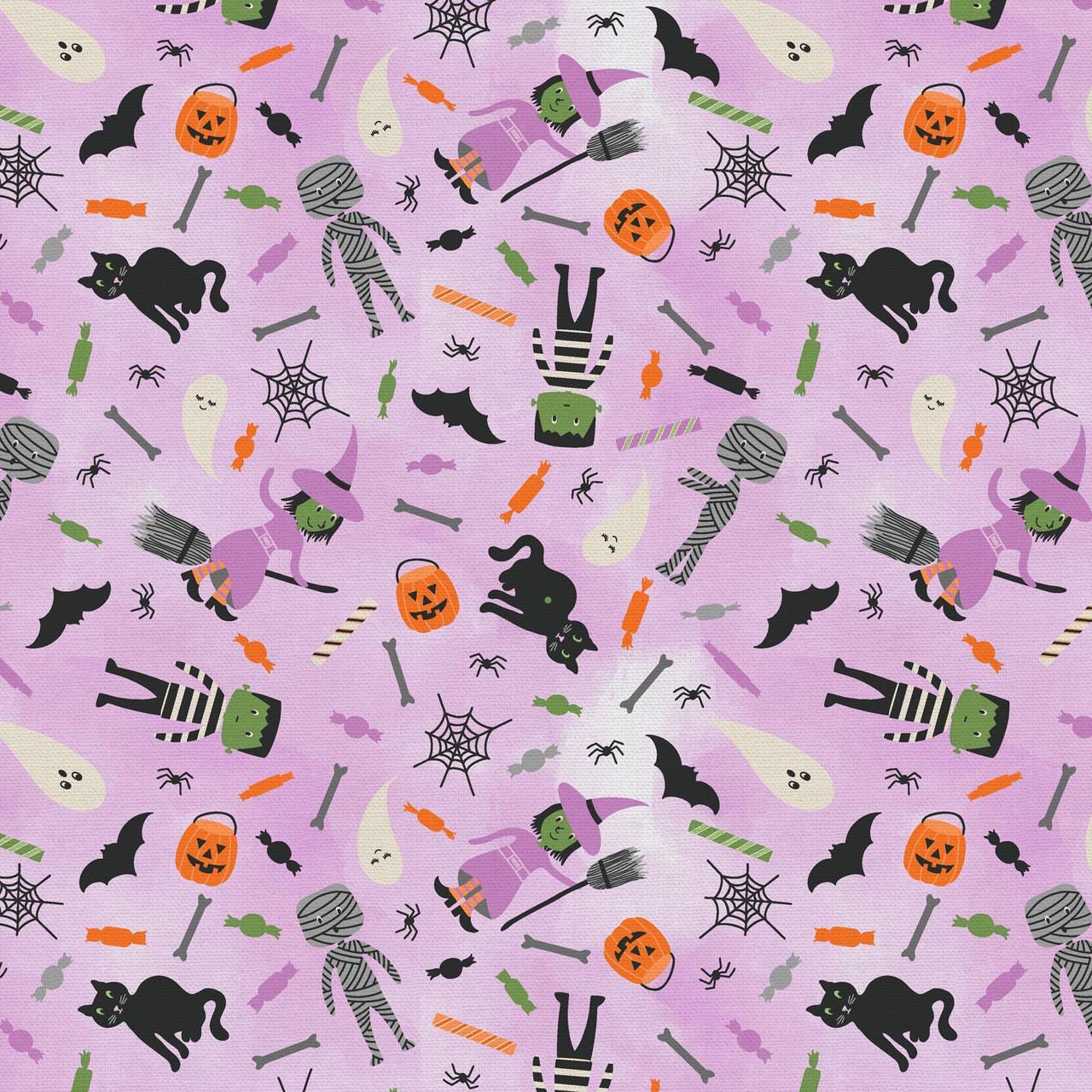 Tricks and Treat 100 cotton fabric collection, this pattern is Costume Party purple : A themed pattern showcasing various costumed characters, creating a playful, festive scene. It is often available in a purple colorway. The collection is designed in a style that is "spooky but sweet" and is printed on 100% premium cotton, making it suitable for quilts and crafty Halloween project
