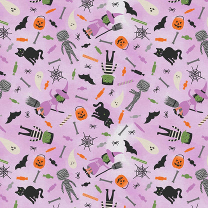 Tricks and Treat 100 cotton fabric collection, this pattern is Costume Party purple : A themed pattern showcasing various costumed characters, creating a playful, festive scene. It is often available in a purple colorway. The collection is designed in a style that is "spooky but sweet" and is printed on 100% premium cotton, making it suitable for quilts and crafty Halloween project
