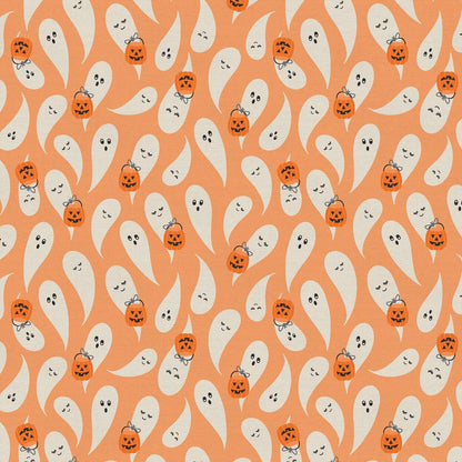 Tricks and Treat 100 cotton fabric collection, this pattern is Ghost Glide: Features friendly, floating ghosts, creating a "spooky but sweet" atmosphere. The collection is designed in a style that is "spooky but sweet" and is printed on 100% premium cotton, making it suitable for quilts and crafty Halloween projects.