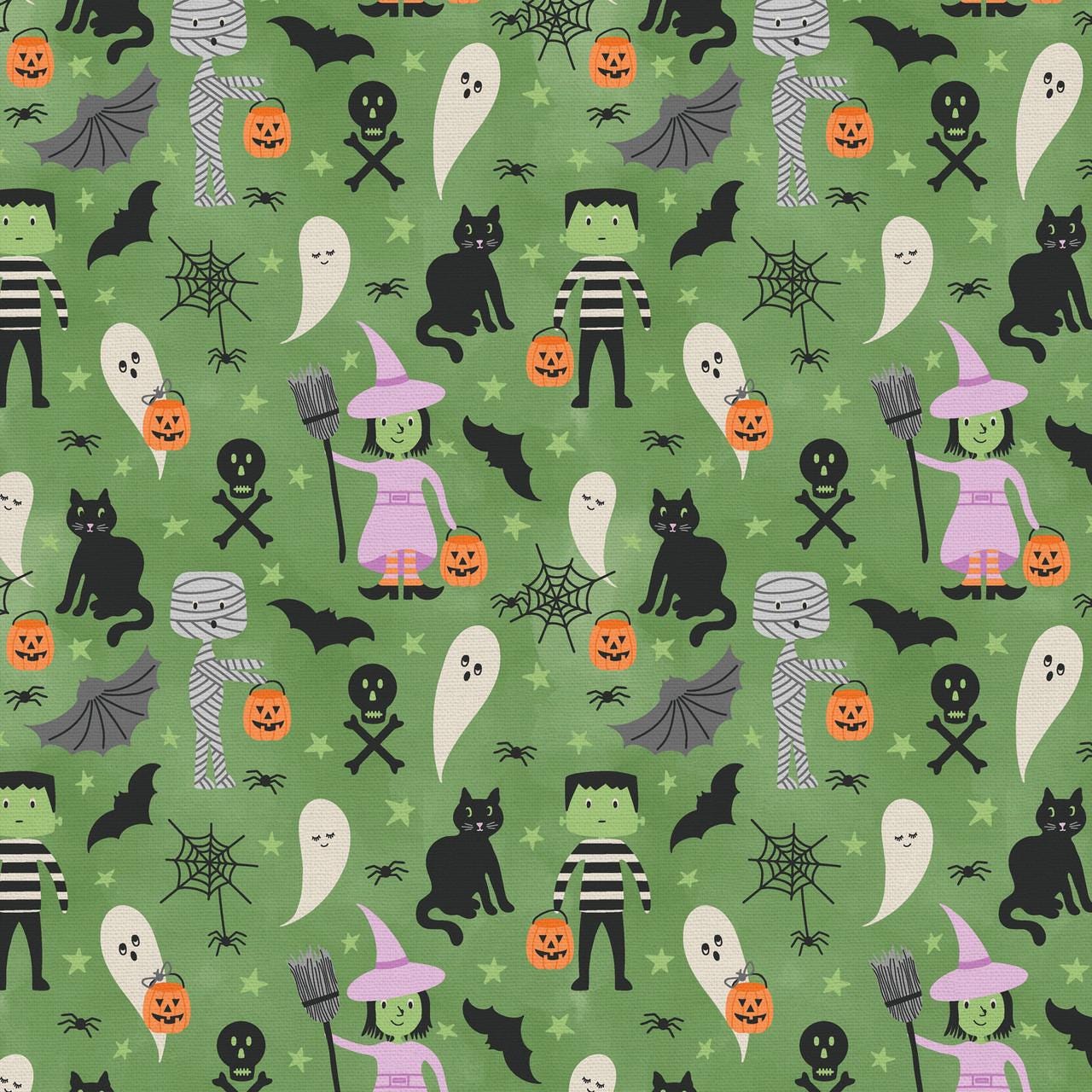 Tricks and Treat 100 cotton fabric collection, this pattern is Trick Or Treat pattern in green Featuring young children in Halloween costumes, this print likely includes classic figures like Frankenstein's monsters and ghosts out for candy. The collection is designed in a style that is "spooky but sweet" and is printed on 100% premium cotton, making it suitable for quilts and crafty Halloween project