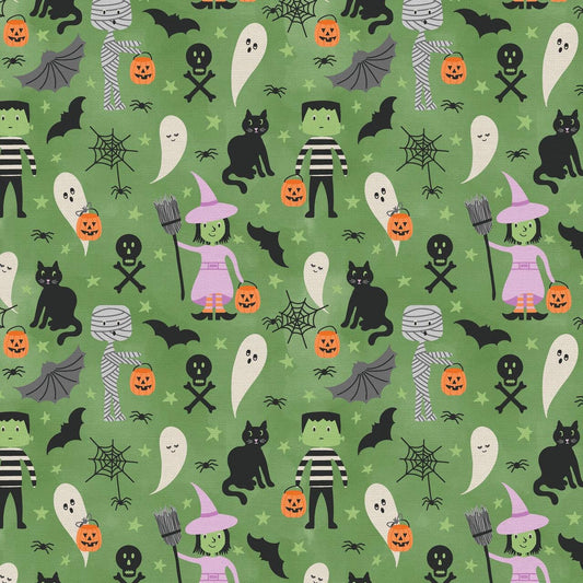 Tricks and Treat 100 cotton fabric collection, this pattern is Trick Or Treat pattern in green Featuring young children in Halloween costumes, this print likely includes classic figures like Frankenstein's monsters and ghosts out for candy. The collection is designed in a style that is "spooky but sweet" and is printed on 100% premium cotton, making it suitable for quilts and crafty Halloween project