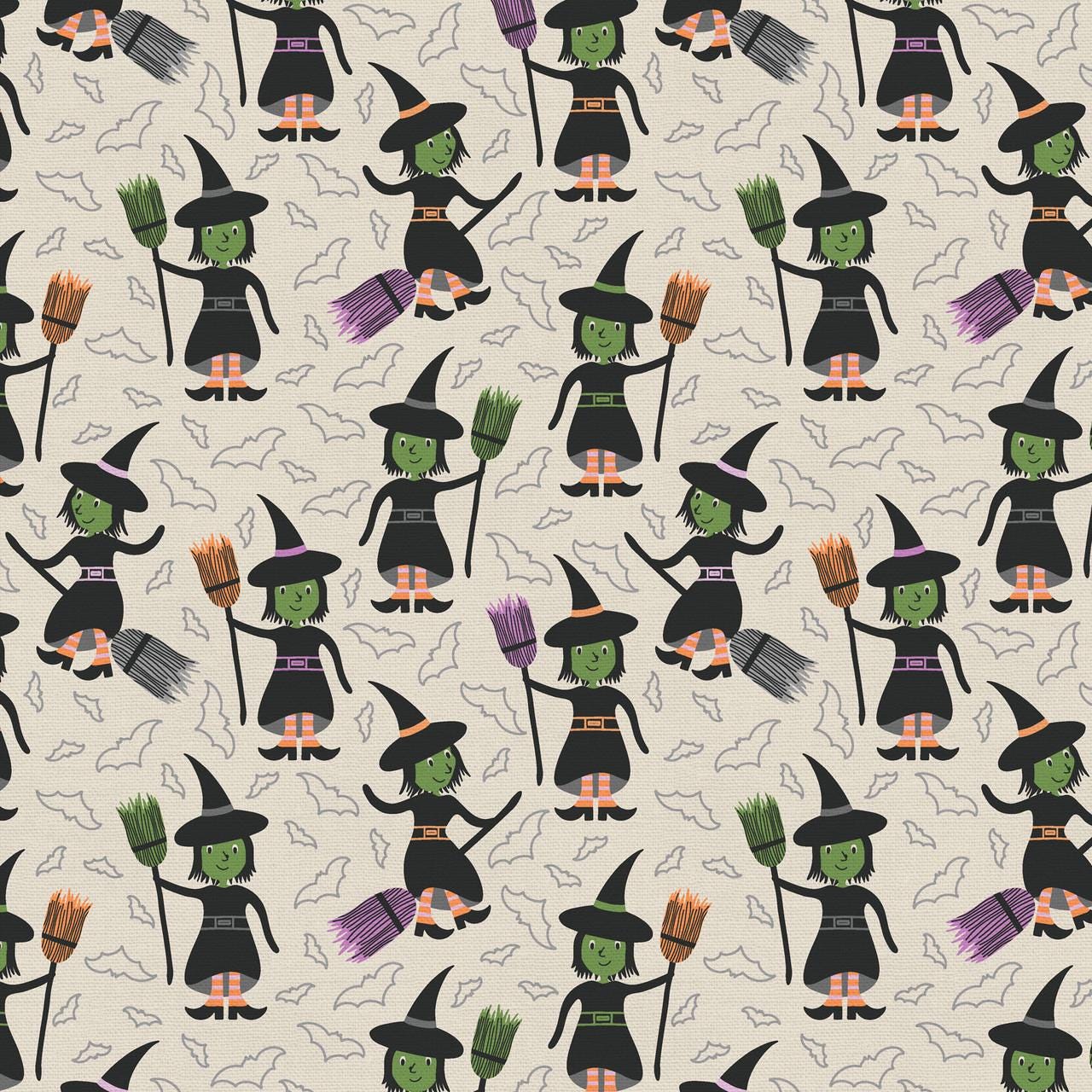 Tricks and Treat 100 cotton fabric collection, this pattern is Witch Way which highlights playful witches flying on brooms against a night sky, often set against a cream background. The collection is designed in a style that is "spooky but sweet" and is printed on 100% premium cotton, making it suitable for quilts and crafty Halloween project