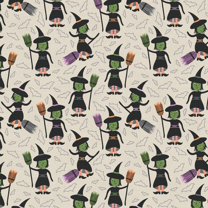 Tricks and Treat 100 cotton fabric collection, this pattern is Witch Way which highlights playful witches flying on brooms against a night sky, often set against a cream background. The collection is designed in a style that is "spooky but sweet" and is printed on 100% premium cotton, making it suitable for quilts and crafty Halloween project
