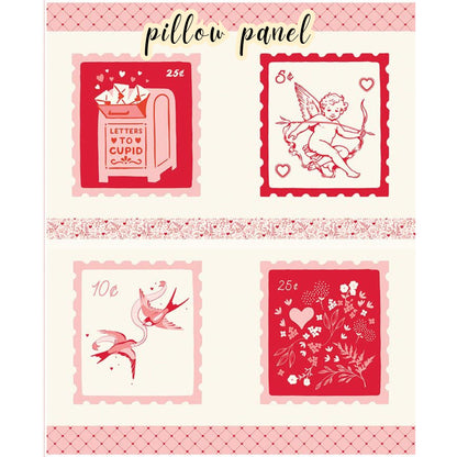 letters to cupid fabric collections Pillow panel with vintage-style stamps featuring Cupid, love birds,  a mailbox design for love letters and a floral with hearts stamp