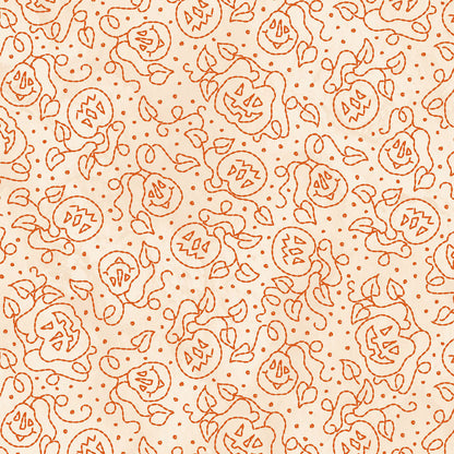 Image is the fabric pattern  Pumpkins Cream: Grinning, charming jack-o'-lanterns scattered across the fabric, often with small polka dots for a playful look  from the Spooky Stitches Halloween Fabric collection Maywood Studios 100% cotton