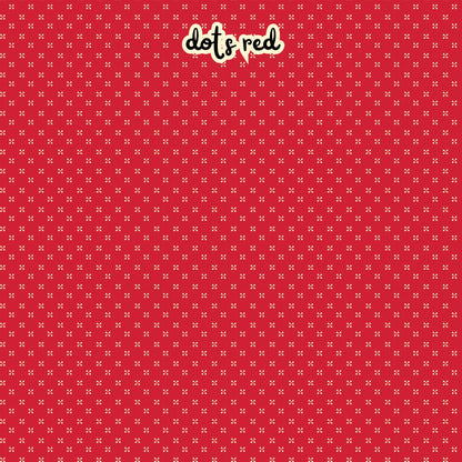 100% cotton fabric collection Radiant Ruby. This  pattern is white dots in clusters of 4 on a red background. Collection is a vibrant "showstopper in scarlet" a two-tone collection which uses only "Schoolhouse" (red) and "Cloud" (off-white) to create a striking aesthetic inspired by the brilliance of a ruby gemstone.  