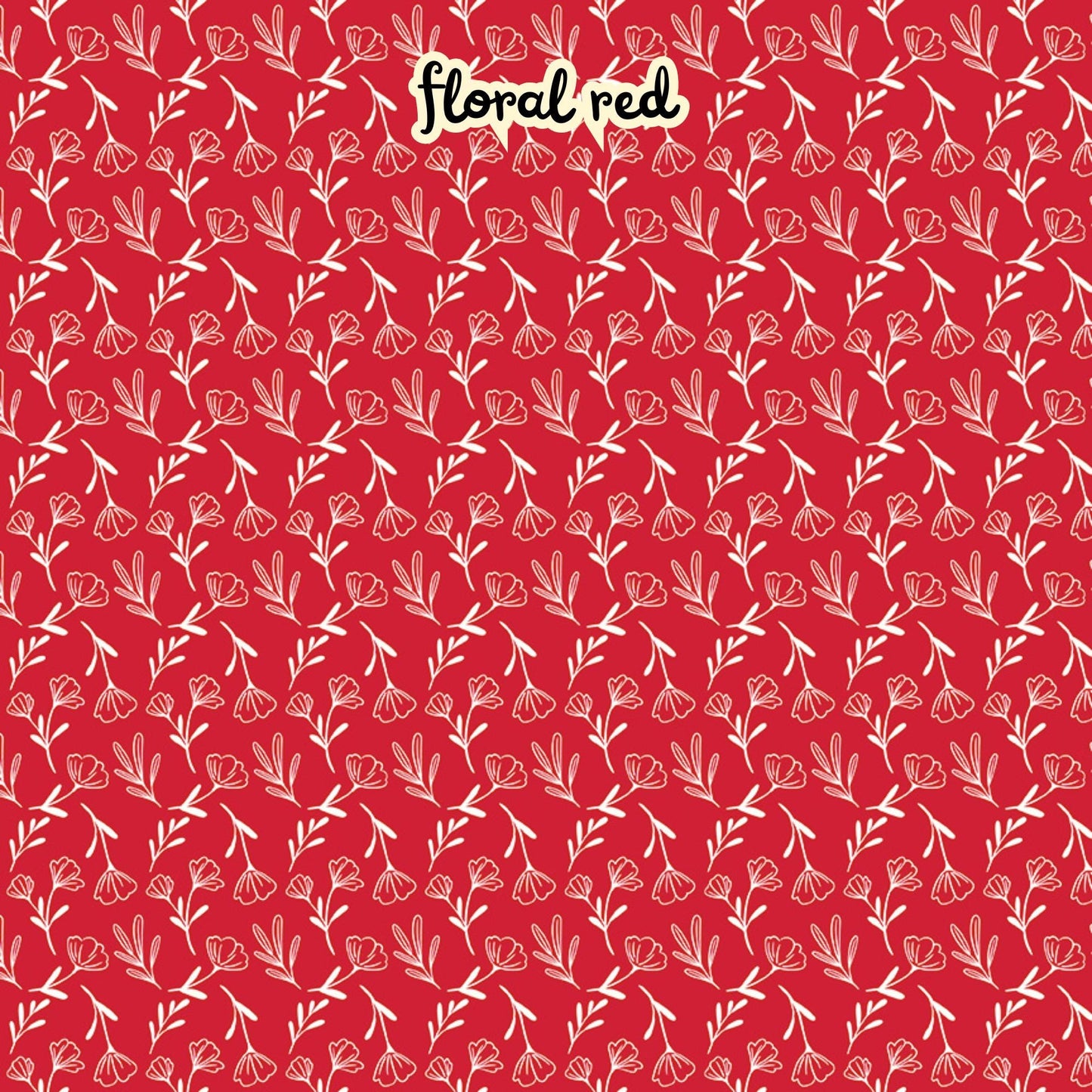 100% cotton fabric collection Radiant Ruby. This pattern is a delicate toss of small floral motifs in white on a red background. Collection is a vibrant "showstopper in scarlet" a two-tone collection which uses only "Schoolhouse" (red) and "Cloud" (off-white) to create a striking aesthetic inspired by the brilliance of a ruby gemstone.  
