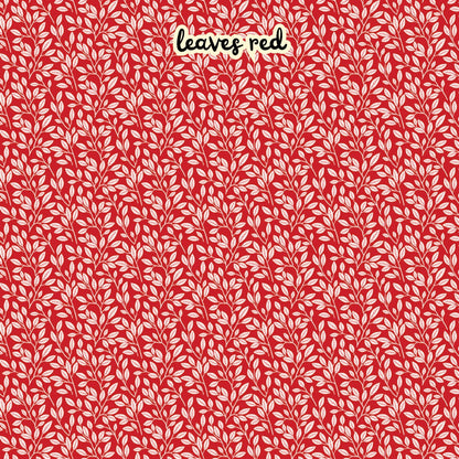 100% cotton fabric collection Radiant Ruby. This one is a  botanical variant featuring red white leafy patterns instead of full blooms on a red background. Collection is a vibrant "showstopper in scarlet" a two-tone collection which uses only "Schoolhouse" (red) and "Cloud" (off-white) to create a striking aesthetic inspired by the brilliance of a ruby gemstone.  	