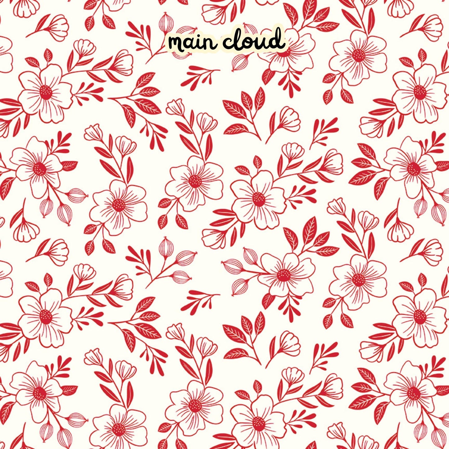  100% cotton fabric collection Radiant Ruby. This pattern is on a white background with red florals. Collection is a vibrant "showstopper in scarlet" a two-tone collection which uses only "Schoolhouse" (red) and "Cloud" (off-white) to create a striking aesthetic inspired by the brilliance of a ruby gemstone.  