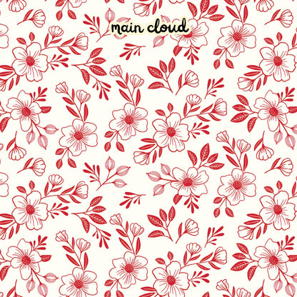  100% cotton fabric collection Radiant Ruby. This pattern is on a white background with red florals. Collection is a vibrant "showstopper in scarlet" a two-tone collection which uses only "Schoolhouse" (red) and "Cloud" (off-white) to create a striking aesthetic inspired by the brilliance of a ruby gemstone.  