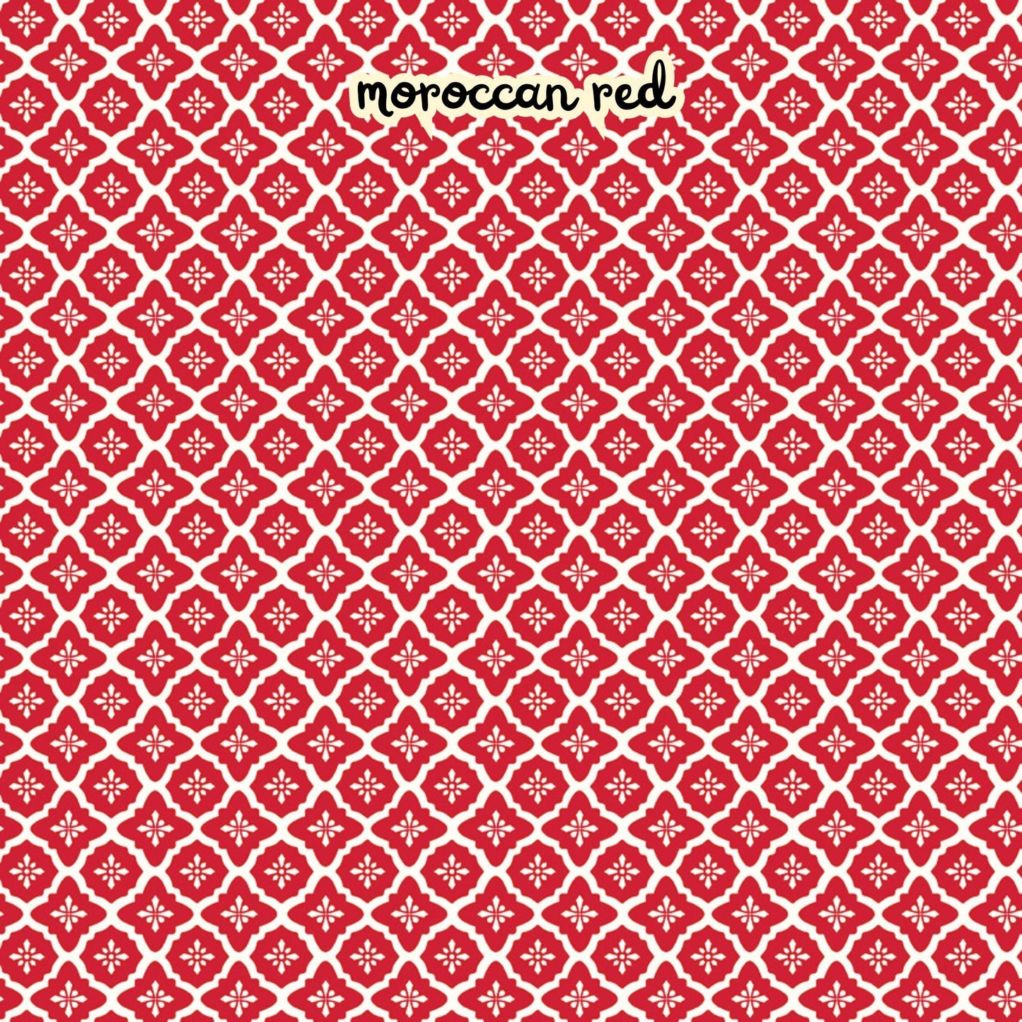 100% cotton fabric collection Radiant Ruby. The pattern features a repeating Moroccan-inspired tile motif in a vibrant red set against a "cloud" white background. Collection is a vibrant "showstopper in scarlet" a two-tone collection which uses only "Schoolhouse" (red) and "Cloud" (off-white) to create a striking aesthetic inspired by the brilliance of a ruby gemstone.  