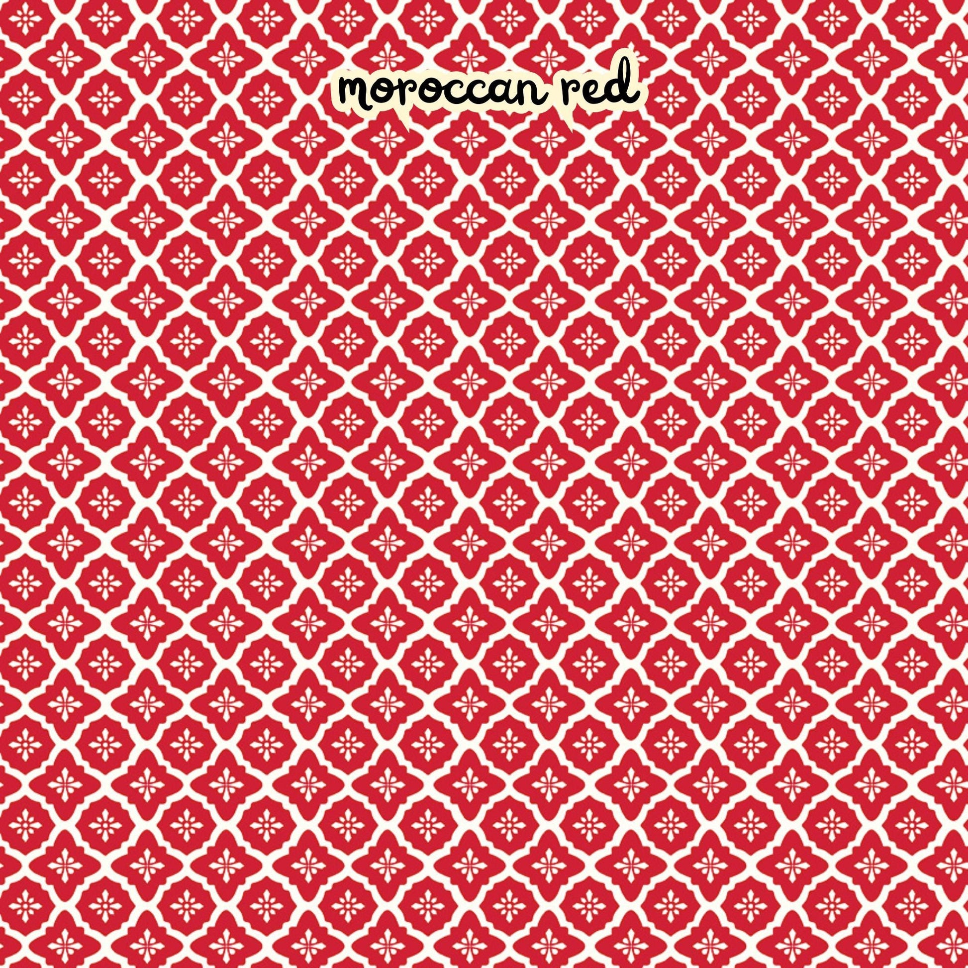 100% cotton fabric collection Radiant Ruby. The pattern features a repeating Moroccan-inspired tile motif in a vibrant red set against a "cloud" white background. Collection is a vibrant "showstopper in scarlet" a two-tone collection which uses only "Schoolhouse" (red) and "Cloud" (off-white) to create a striking aesthetic inspired by the brilliance of a ruby gemstone.  