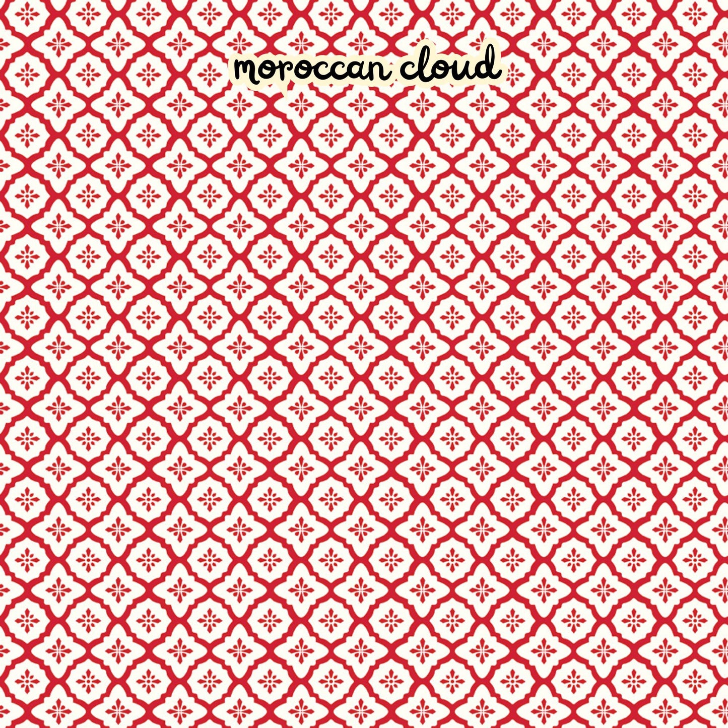 100% cotton fabric collection Radiant Ruby. The pattern features a repeating Moroccan-inspired tile motif in  white set against  a red set against a background. Collection is a vibrant "showstopper in scarlet" a two-tone collection which uses only "Schoolhouse" (red) and "Cloud" (off-white) to create a striking aesthetic inspired by the brilliance of a ruby gemstone.  
