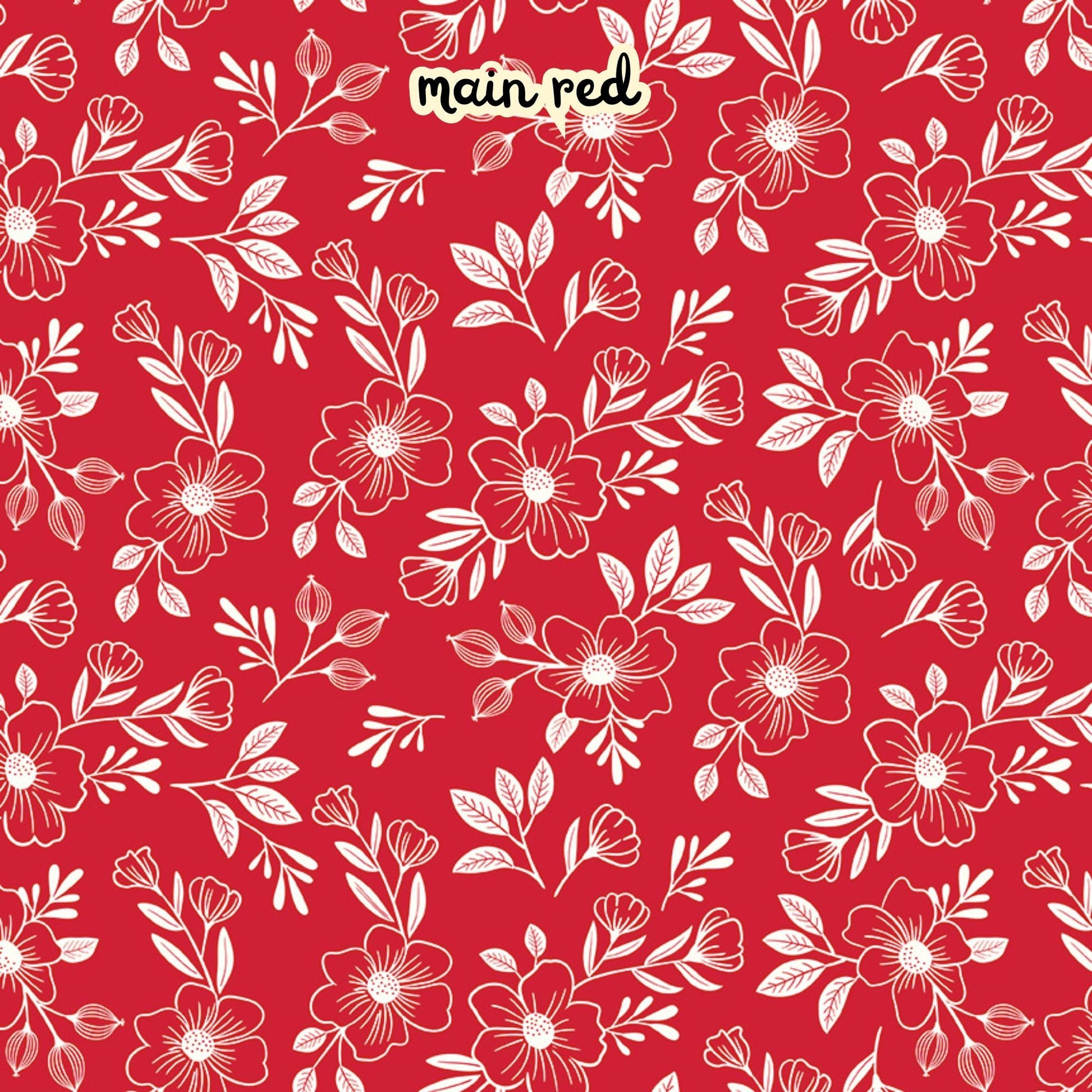 100% cotton fabric collection Radiant Ruby. This pattern is on a red background with white florals. Collection is a vibrant "showstopper in scarlet" a two-tone collection which uses only "Schoolhouse" (red) and "Cloud" (off-white) to create a striking aesthetic inspired by the brilliance of a ruby gemstone.  