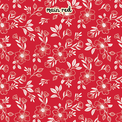100% cotton fabric collection Radiant Ruby. This pattern is on a red background with white florals. Collection is a vibrant "showstopper in scarlet" a two-tone collection which uses only "Schoolhouse" (red) and "Cloud" (off-white) to create a striking aesthetic inspired by the brilliance of a ruby gemstone.  