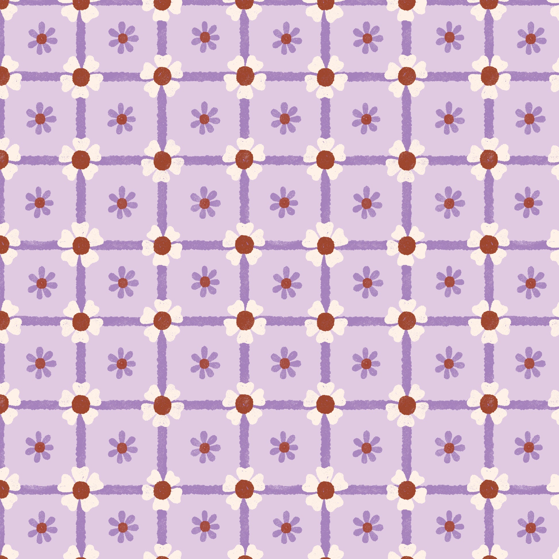 Pattern of small flowers on a purple grid background