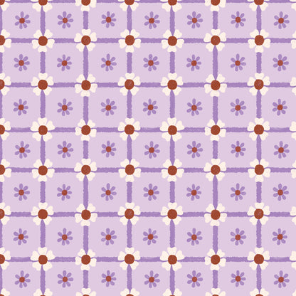 Pattern of small flowers on a purple grid background