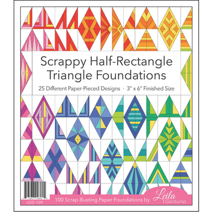 Bust through your scraps with foundation paper-pieced 3” x 6” Scrappy Half-Rectangle Triangles (HRT). The foundations are pre-printed on lightweight paper making them easy to see through and remove. 25 different Scrappy HRT designs, 2 left- and 2 right-facing of each design, total of 100 Basic cutting and construction instructions Block requirements for different quilt sizes A link to written and video instructions on how to foundation paper piece the Scrappy Half-Rectangle Triangles