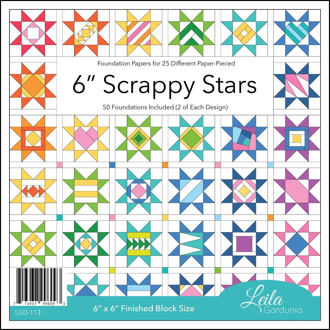 Bust through your scraps with foundation paper-pieced 6” Scrappy Stars.  The foundations are pre-printed on lightweight paper making them easy to see through and remove. The Scrappy Star foundation pad contains 25 different Scrappy Star designs to make 6" finished block, pad has total of 50 patterns 2 of each. Included Basic cutting and construction instructions Block requirements for quilts of various sizes A link to detailed written and video instructions