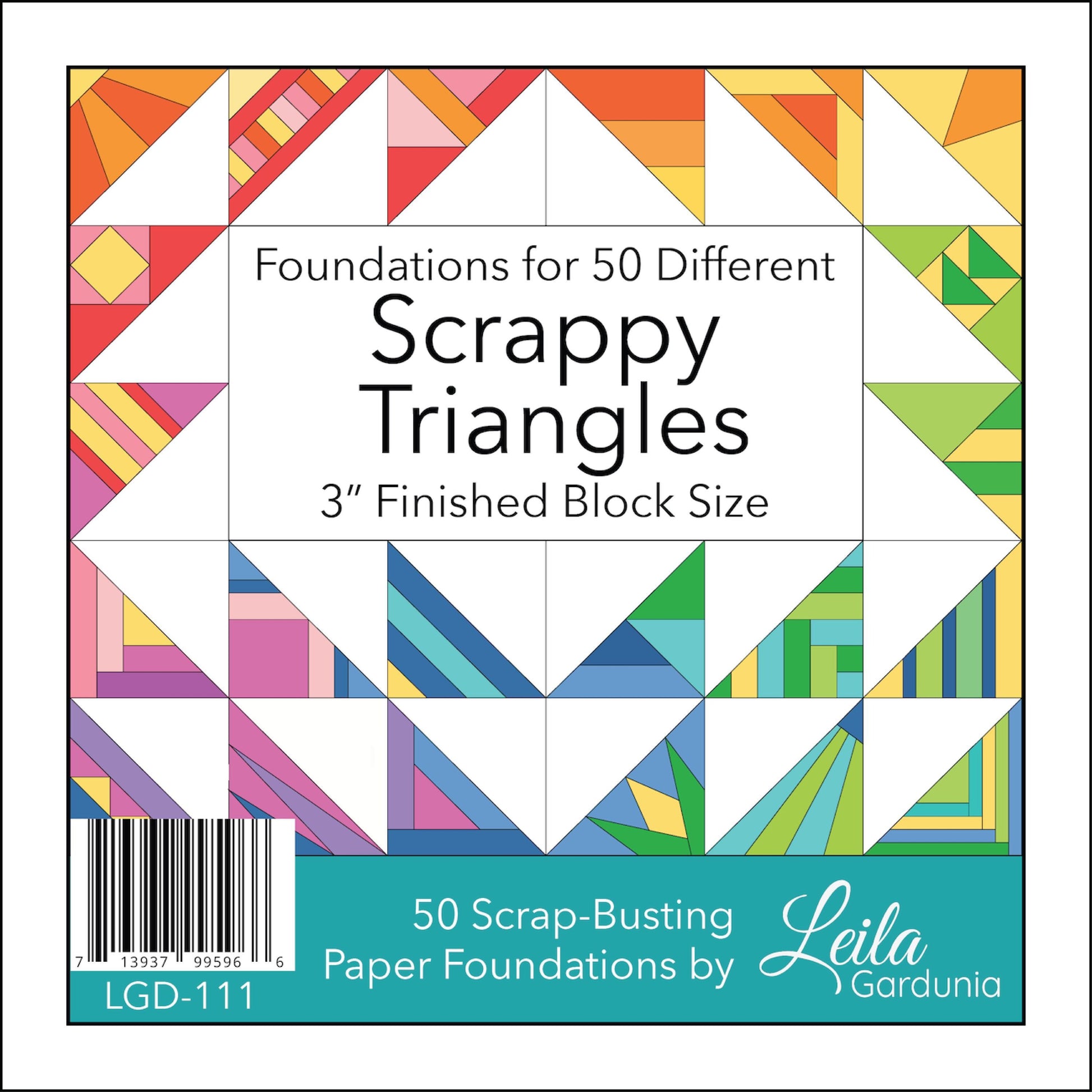 The pre-printed Scrappy Triangle foundation paper pieced pattern pad pad has 50 different Scrappy Triangle designs printed on lightweight foundation paper so they are easy to see through and remove. The Scrappy Triangle foundation pad includes  Supply/fabric requirements A link to an in-depth tutorial and video. Best for using your pile of scraps