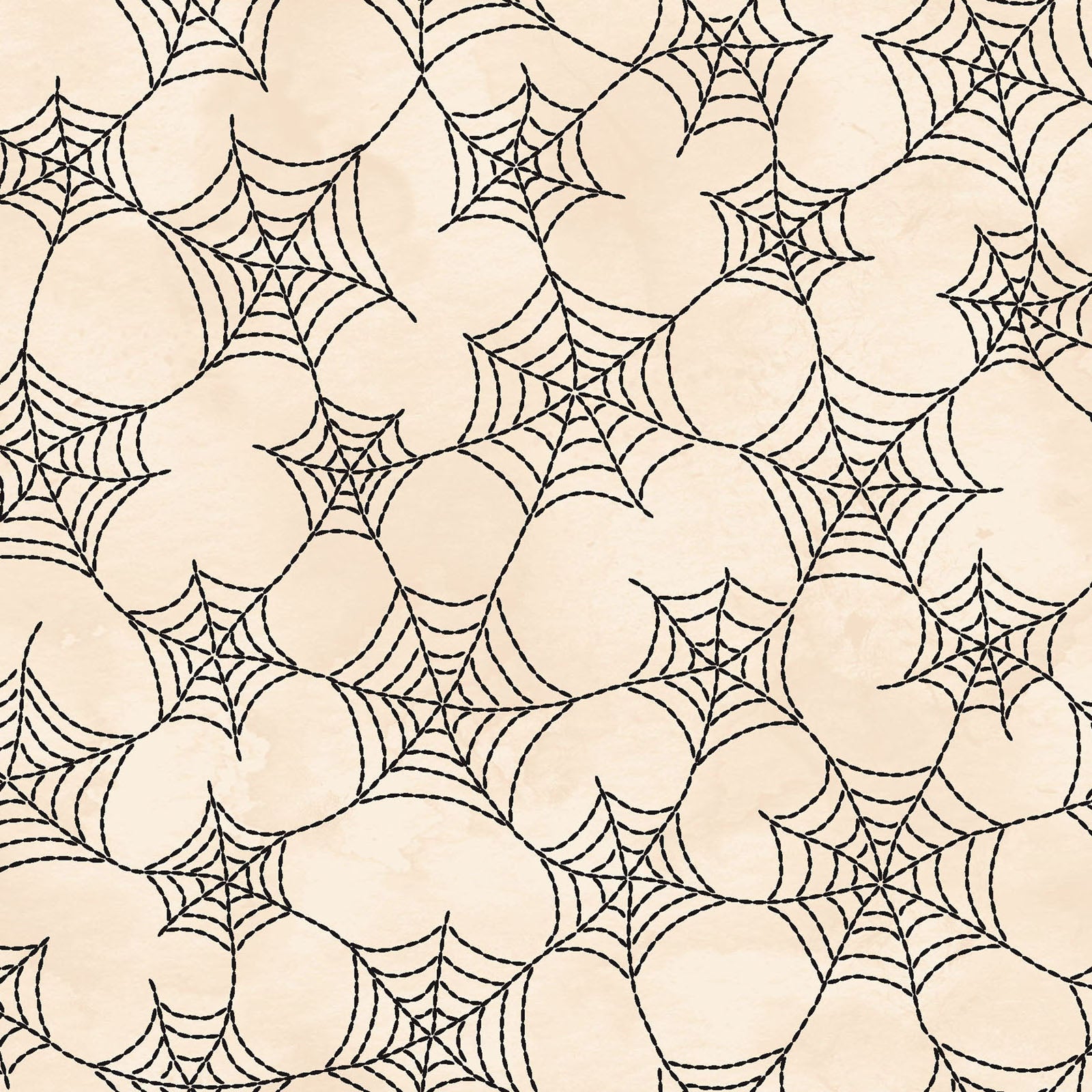 Image is the fabric pattern Spiderwebs Cream: An intricate, delicate spiderweb design covering the fabric to add a layer of mystery and texture  from the Spooky Stitches Halloween Fabric collection Maywood Studios 100% cotton