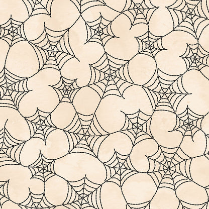 Image is the fabric pattern Spiderwebs Cream: An intricate, delicate spiderweb design covering the fabric to add a layer of mystery and texture  from the Spooky Stitches Halloween Fabric collection Maywood Studios 100% cotton