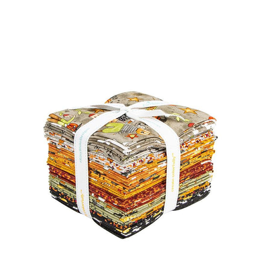 Fat Quarter Fabric Bundle The Spooky fabric collection by Teresa Kogut for Riley Blake Designs is a whimsical, folk-art-inspired Halloween line featuring ghosts, cats, pumpkins, and a haunted aesthetic in a palette of tombstone gray, rusty oak, green, black, and orange.