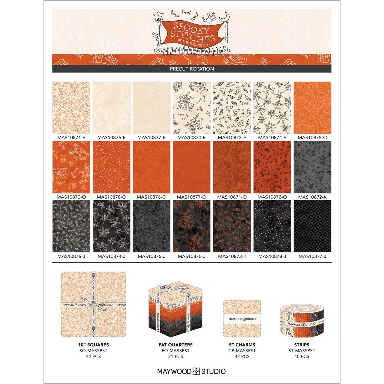 Spooky Stitches by Robin Kingsley of Bird Brain Designs for Maywood Studio is a whimsical, Halloween-themed fabric collection inspired by classic redwork embroidery. The collection features a cozy, high-contrast palette of charcoal, cream, and vibrant orange, with designs that include sketched haunted houses, black cats, bats, spiders, and playful Halloween text