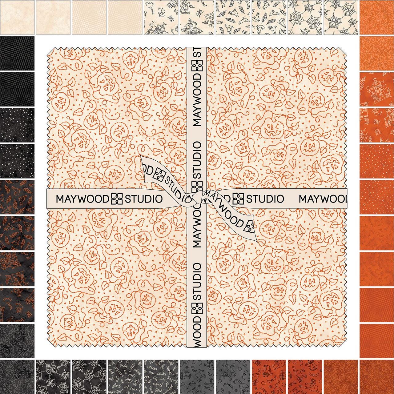 Spooky Stitches by Robin Kingsley of Bird Brain Designs for Maywood Studio is a whimsical, Halloween-themed fabric collection inspired by classic redwork embroidery. The collection features a cozy, high-contrast palette of charcoal, cream, and vibrant orange, with designs that include sketched haunted houses, black cats, bats, spiders, and playful Halloween text