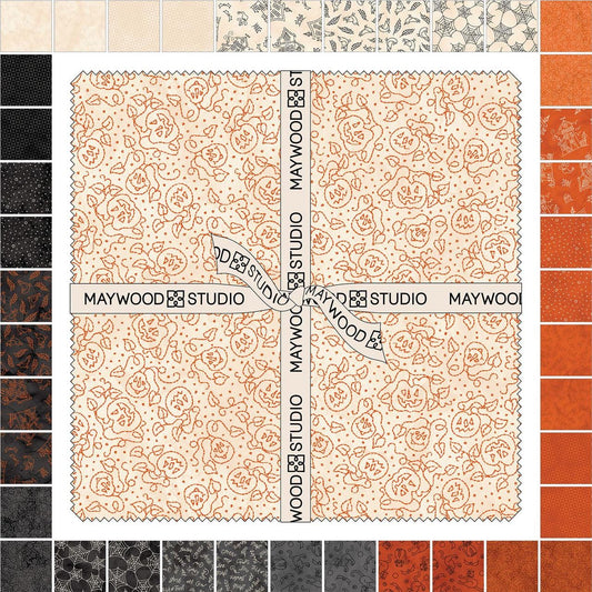 Spooky Stitches by Robin Kingsley of Bird Brain Designs for Maywood Studio is a whimsical, Halloween-themed fabric collection inspired by classic redwork embroidery. The collection features a cozy, high-contrast palette of charcoal, cream, and vibrant orange, with designs that include sketched haunted houses, black cats, bats, spiders, and playful Halloween text