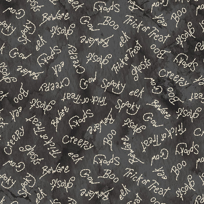 Image of pattern Spooky Words black: A playful print featuring Halloween-themed words and phrases from the Halloween fabric collection Spooky Stiches from Maywood Studio